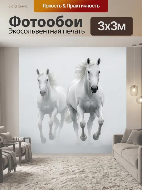 Фотообои Две белые лошади в тумане