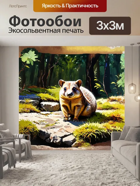 Фотообои даман, похожий на сурка, сидит на солнечном камне, обрамленном мхом и мохнатыми растениями