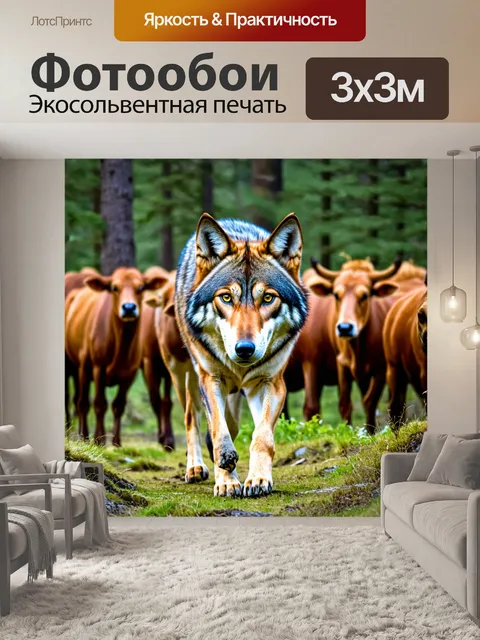 Фотообои волк, охотящийся на лесное стадо, его мускулы напряжены, а взгляд сосредоточен