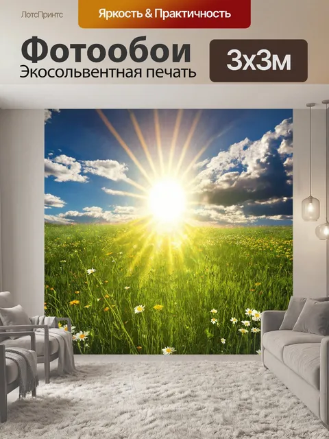Фотообои солнце в зените, яркие лучи пронизывают облака, создавая игре света и теней на зелёной лужайке, где цветы…