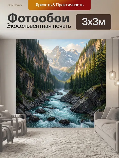 Фотообои Горная река среди елей
