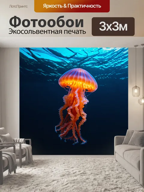 Фотообои море в стиле фотореализм, с светящимися водными медузами, дрейфующими в темной глубине