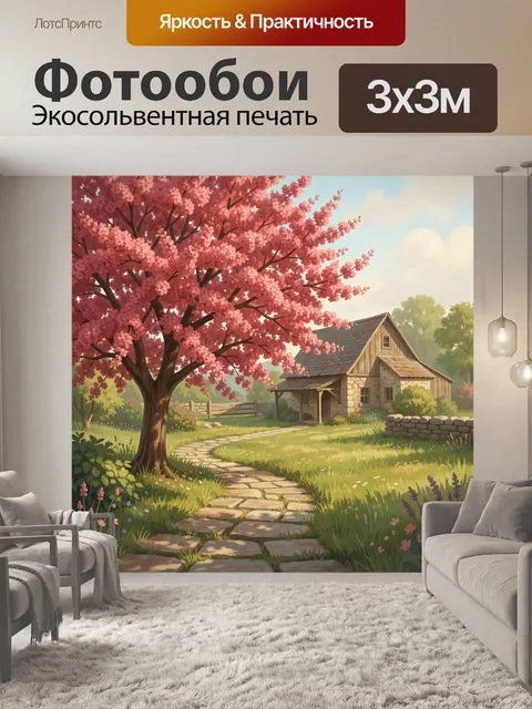 Фотообои Цветущая сакура и фермерский дом