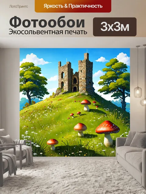Фотообои пейзаж в стиле иллюстрация: живописные руины старого замка на вершине холма с грибами и дикими цветами