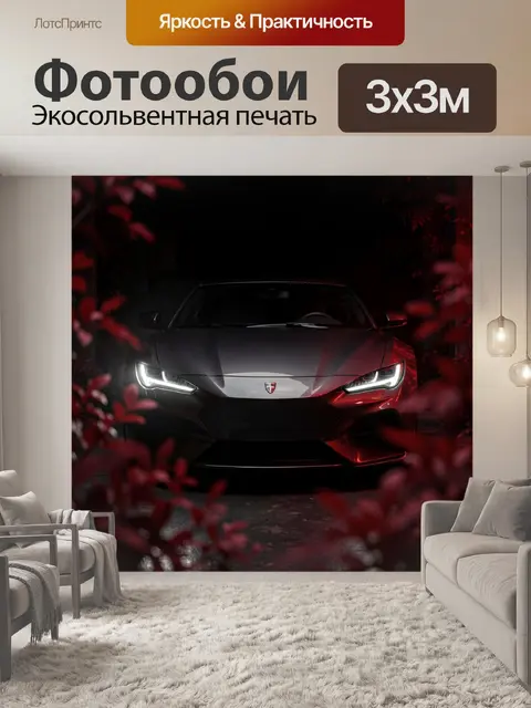 Фотообои Черный спорткар в красной листве