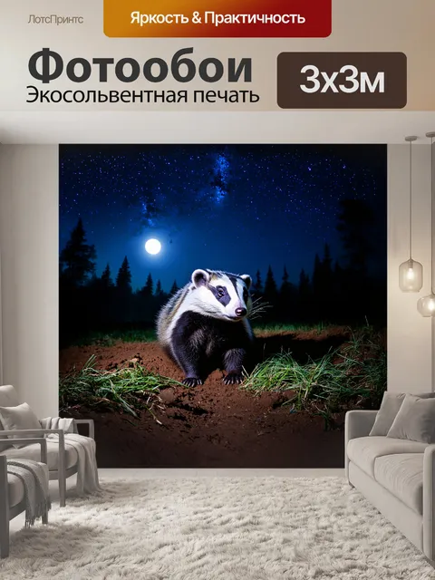 Фотообои барсук, выходящий из своей норы под покровом ночи, окружен яркими огнями звездного неба
