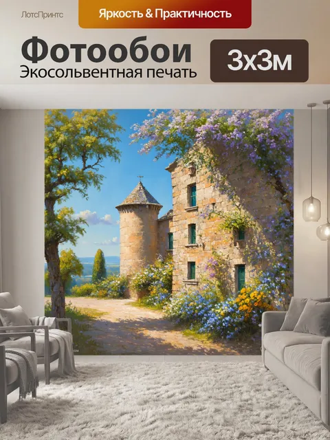 Фотообои прованс, на которых изображены обветренные стены старинных замков, окруженные цветами и зеленью