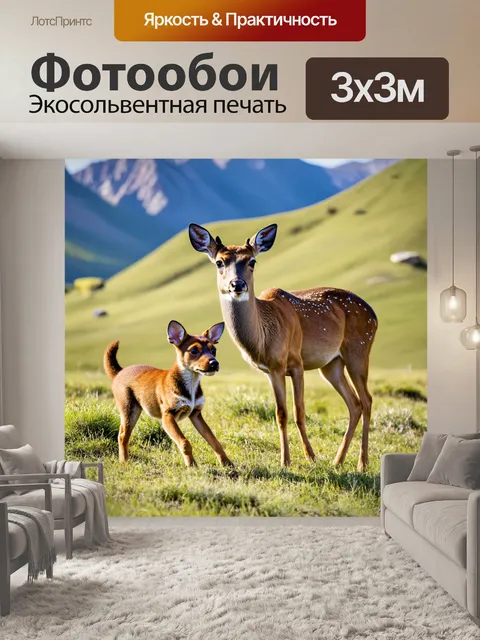 Фотообои олень и его щенок, играющие на фоне горного пейзажа