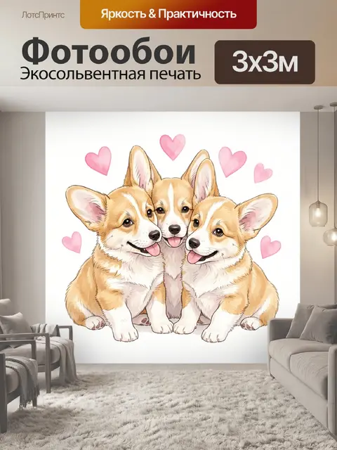 Фотообои Три щенка корги с сердечками