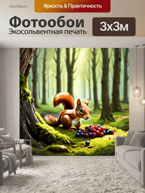 Фотообои рыжая белка исследует старый, покрытый мхом пень, где блестящие лесные ягоды лежат, как сокровища
