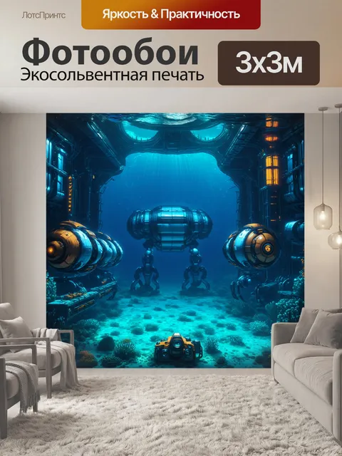 Фотообои подводная база с исследовательскими устройствами и роботами
