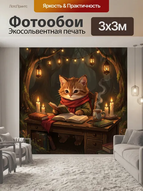 Фотообои Котенок-читатель в лесном кабинете