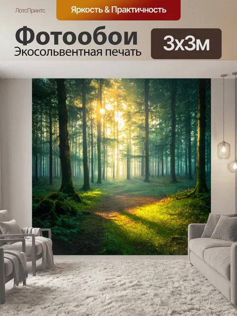 Фотообои утро: лесной пейзаж с волшебным утренним светом и блестящей росой, реализованный в фантастическом стиле