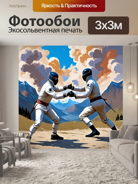 Фотообои батальная сцена, где два фехтовальщика с защитными масками сражаются на фоне горных вершин и бушующих облаков