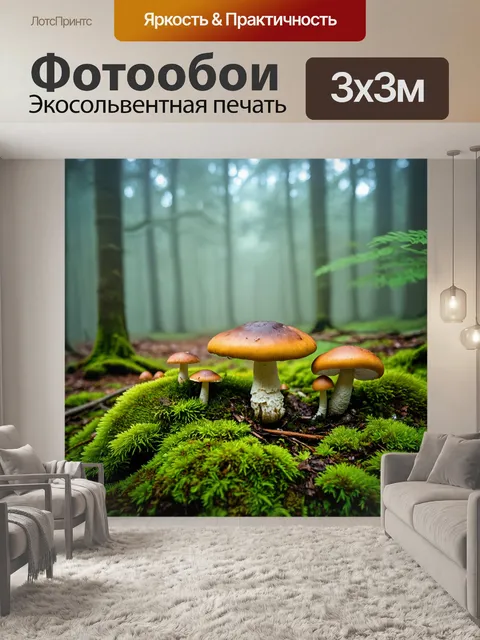 Фотообои лес с лесными грибами, мхом и соснами на фоне тумана