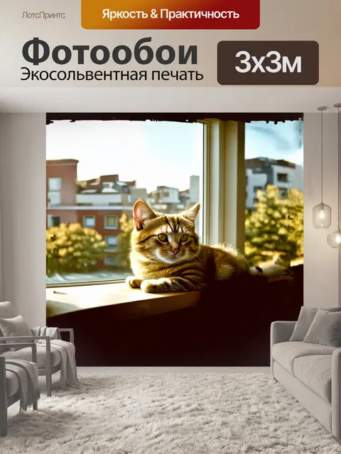 Фотообои маленькая кошка, нежно свернувшаяся клубочком на подоконнике, наслаждается утренним солнцем