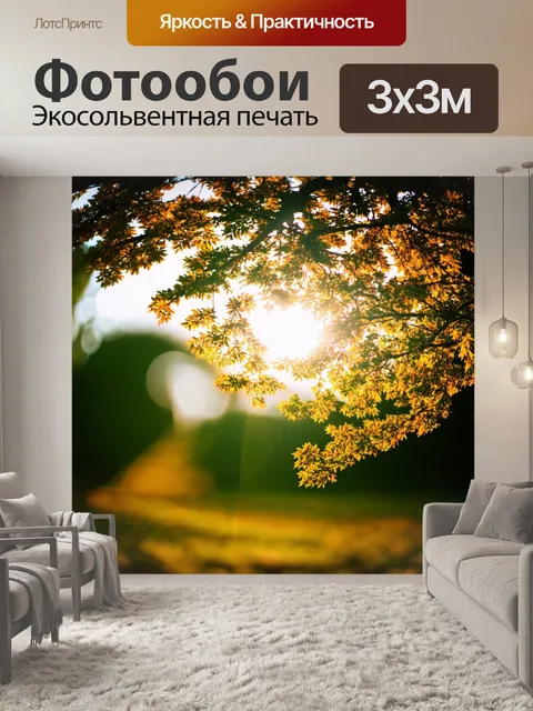Фотообои пейзаж в стиле боке, где солнечный свет пробивается сквозь ветки деревьев, создавая игру светотени