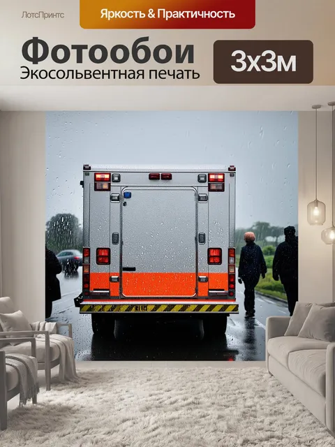 Фотообои скорая помощь, покрытая каплями дождя, на фоне серого неба