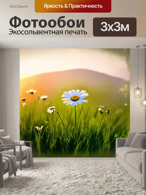 Фотообои одно одинокое ромашковое цветение изыскано выделяется среди зеленой травы