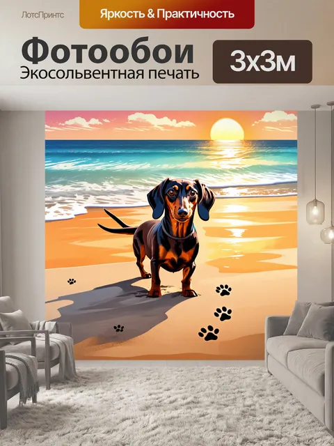 Фотообои такса играет на пляже, оставляя следы на песке