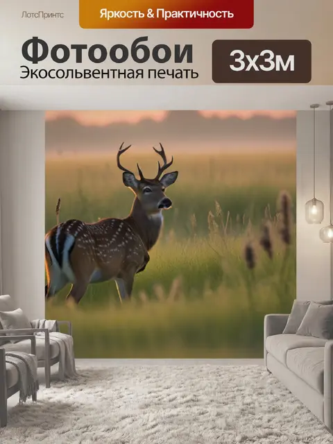 Фотообои олени на лугу при рассвете