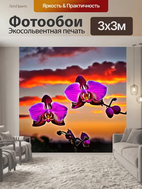 Фотообои с орхидеями на фоне яркого заката, красные и оранжевые облака, пейзаж с цветущими орхидеями на переднем плане