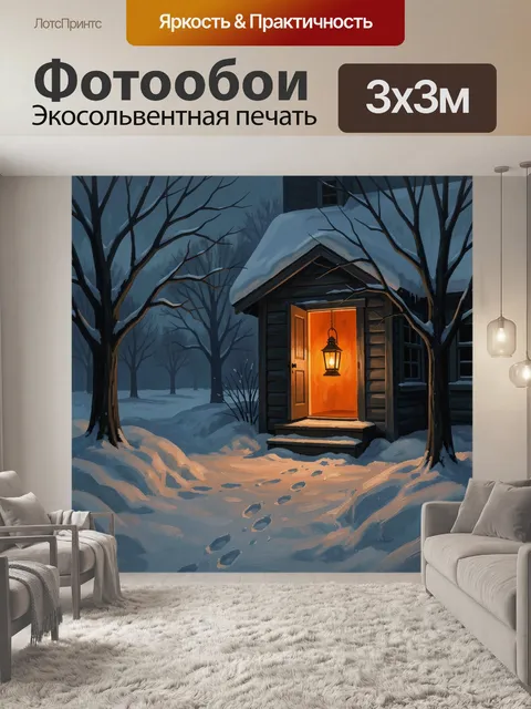 Фотообои Зимний домик с тёплым светом