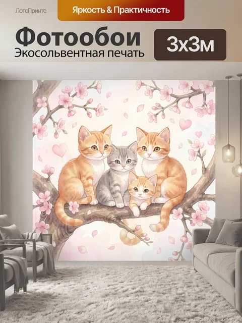 Фотообои Три кота на цветущей ветке