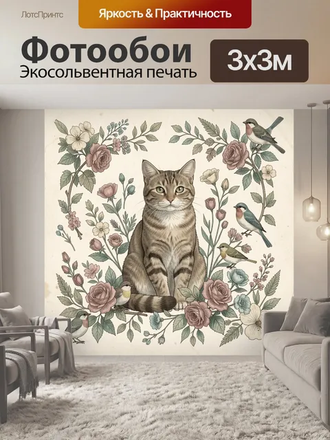 Фотообои Кот среди цветов и птиц