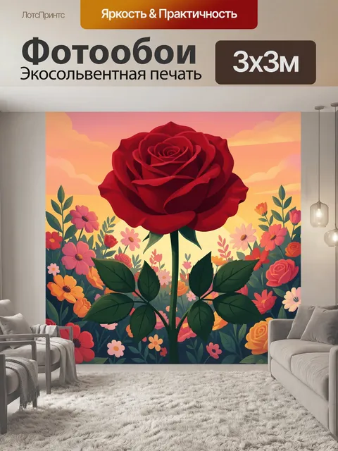 Фотообои Красная роза в цветущем поле