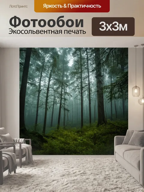 Фотообои лес с завуалированным туманом и укутанными деревьями