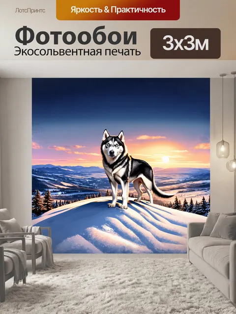 Фотообои сибирский хаски, стоящий на вершине холма, откуда открывается панорамный вид на сплошные белоснежные просторы