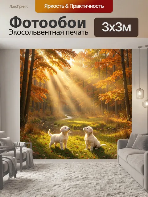 Фотообои Щенки в осеннем лесу у ручья