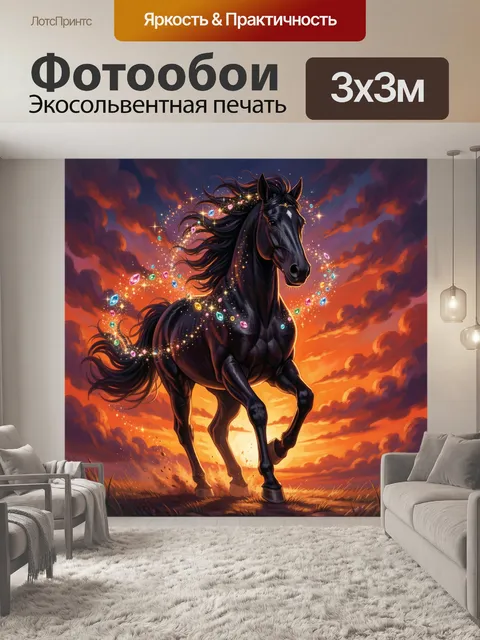 Фотообои Черный конь с сияющими самоцветами