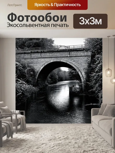 Фотообои черно-белый: старый мост через реку, обвивающийся густой растительностью