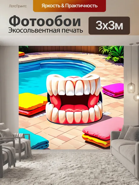 Фотообои веселые мультяшные зубы, которые собираются на праздник у бассейна, с яркими подушками и полотенцами вокруг