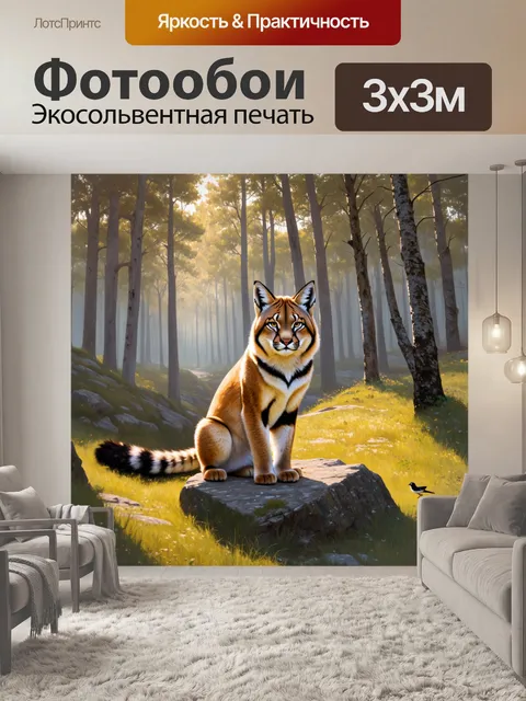 Фотообои скала с сидящей у подножия рысью, её фокусированный взгляд устремлен на место, где щебечут птицы