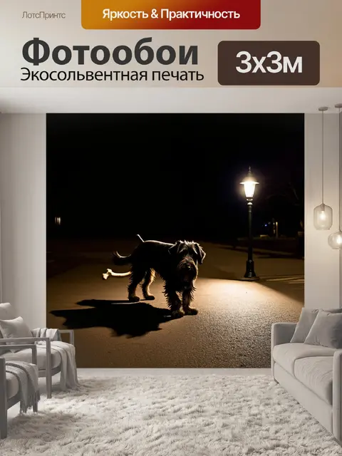 Фотообои ночной двор: бриар играет с костью под светом уличного фонаря, которые бросают длинные тени на асфальт