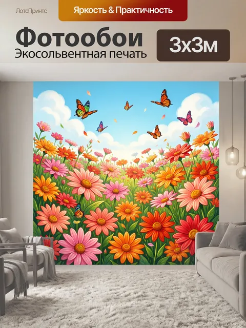 Фотообои Цветочное поле с бабочками