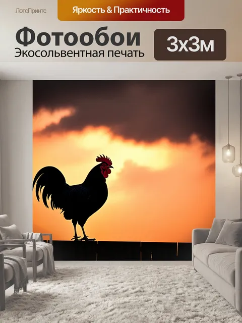 Фотообои петух, который сидит на заборе при закате, его silhouette выделяется на фоне облаков