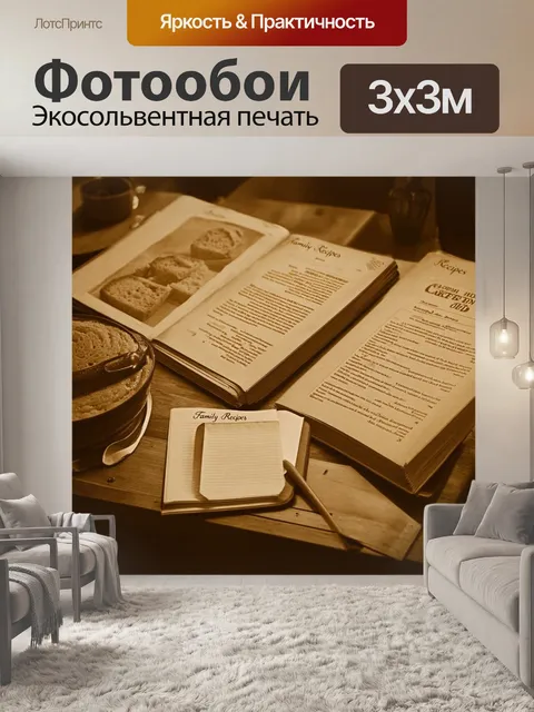 Фотообои в стиле сепия с изображением старых семейных рецептов и кулинарных книг