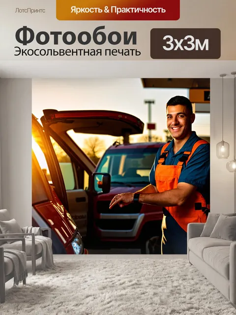Фотообои грузовик в автосервисе, автосервис на фоне заката, теплый свет, механик улыбается, работа идет полным ходом