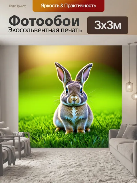 Фотообои Небольшой кролик сидит на ярко-зеленой траве на фоне мягкого солнечного света