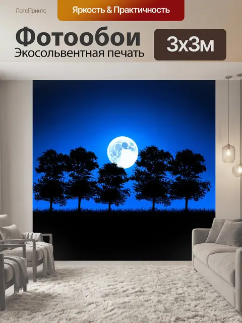 Фотообои ночь в стиле модерн, ночной пейзаж с силуэтами деревьев и луной