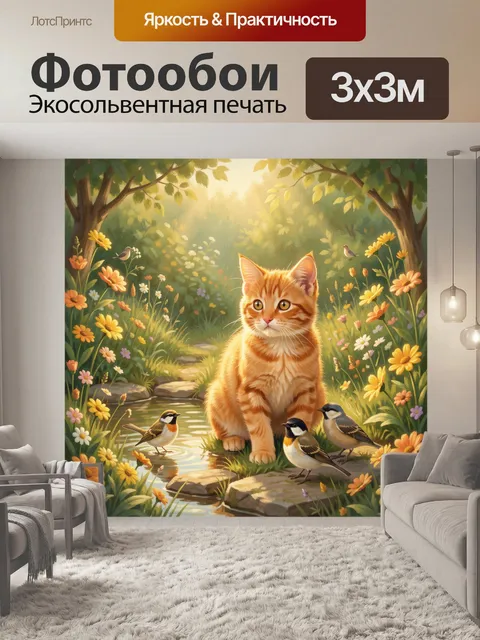Фотообои Рыжий кот у лесного ручья