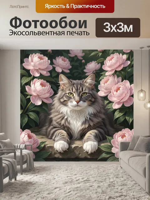 Фотообои Пушистый серый кот среди пионов