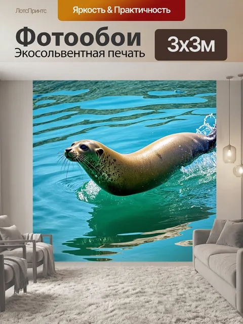 Фотообои тюлень, успешно проскальзывающий в течение прозрачной воды, его тело начинает блестеть от солнечного света