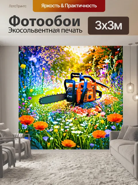 Фотообои бензопила, словно живое существо, среди ярких цветов, создавая эффект сказки и волшебства