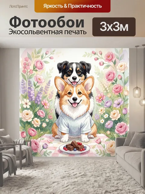 Фотообои Два дружелюбных щенка в цветах