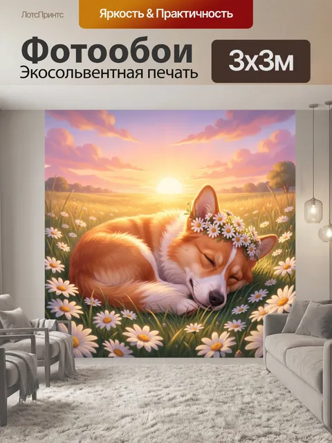 Фотообои Спящий корги в ромашковом поле